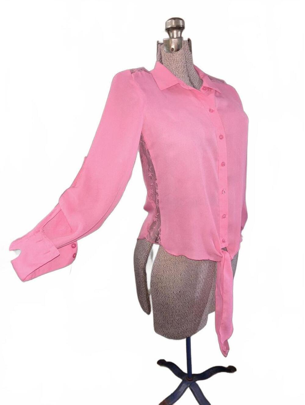Candies Pink lace button up blouse with tie detail